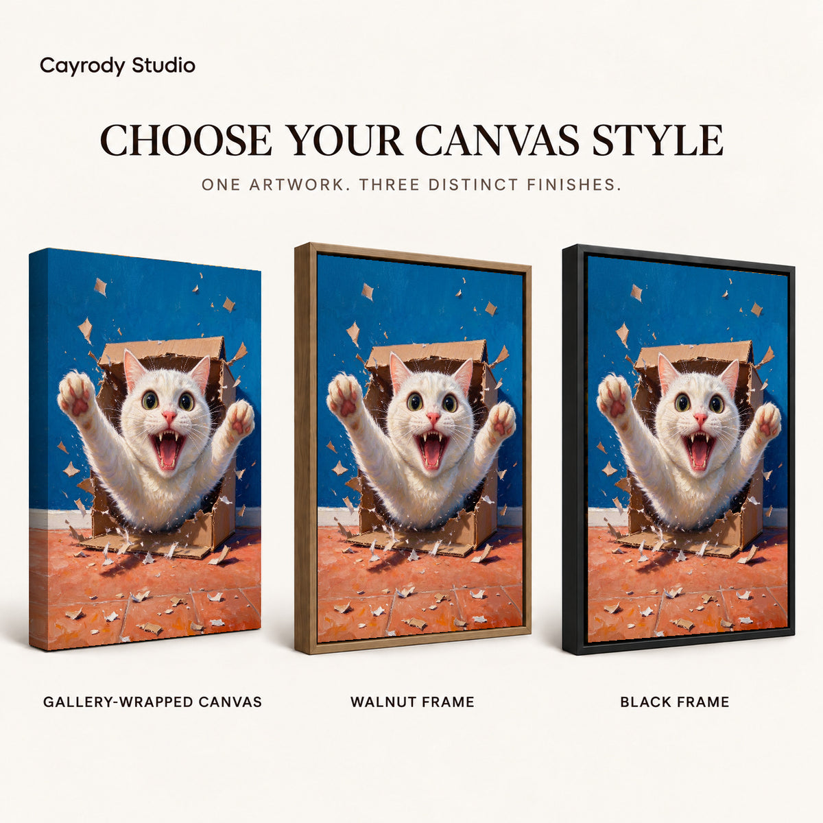 Surprise Box Kitten artwork finish chart showing gallery wrapped canvas, walnut frame, and black frame options.