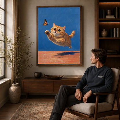 Walnut framed butterfly chasing kitten artwork above a seated man in a wood furnished living room.