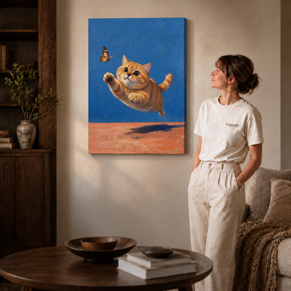Gallery wrapped butterfly chasing kitten artwork with shaded canvas edges beside a woman wearing cream clothing.