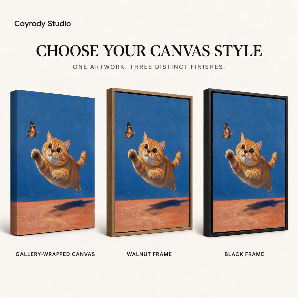 Butterfly Chasing Kitten artwork finish chart showing gallery wrapped canvas, walnut frame, and black frame options.