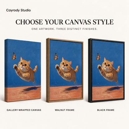 Butterfly Chasing Kitten artwork finish chart showing gallery wrapped canvas, walnut frame, and black frame options.