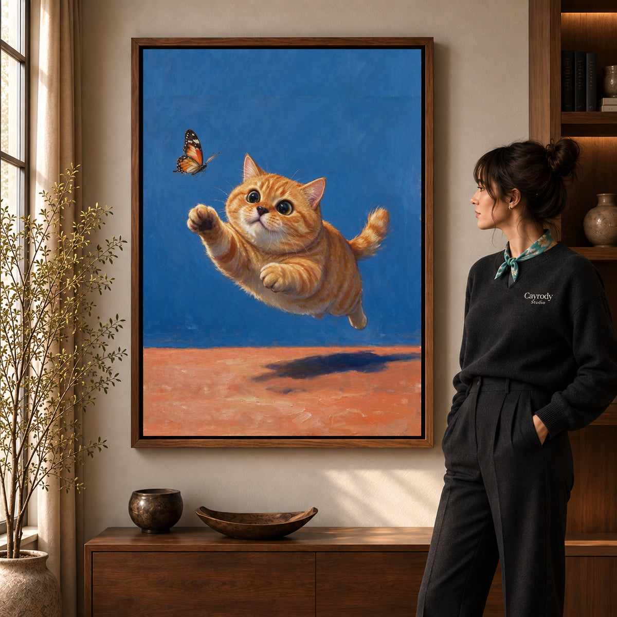 Walnut framed butterfly chasing kitten artwork scene assigned to all six walnut framed canvas sizes.