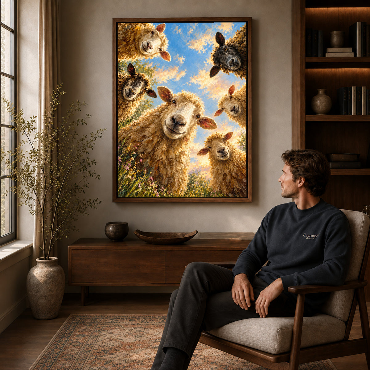 Walnut framed sheep selfie friends artwork above a seated man in a wood furnished living room.
