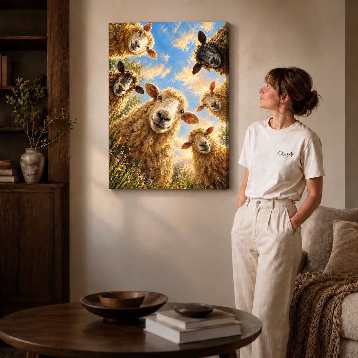 Gallery wrapped sheep selfie friends artwork with shaded canvas edges beside a woman wearing cream clothing.