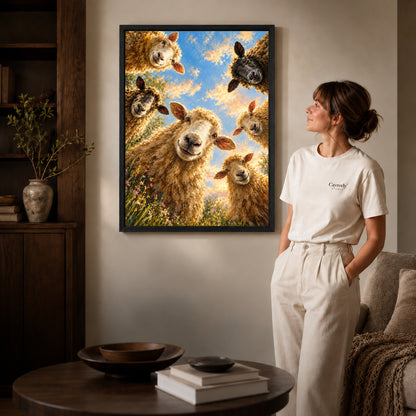 Black framed sheep selfie friends artwork beside a woman in a warm neutral living room.