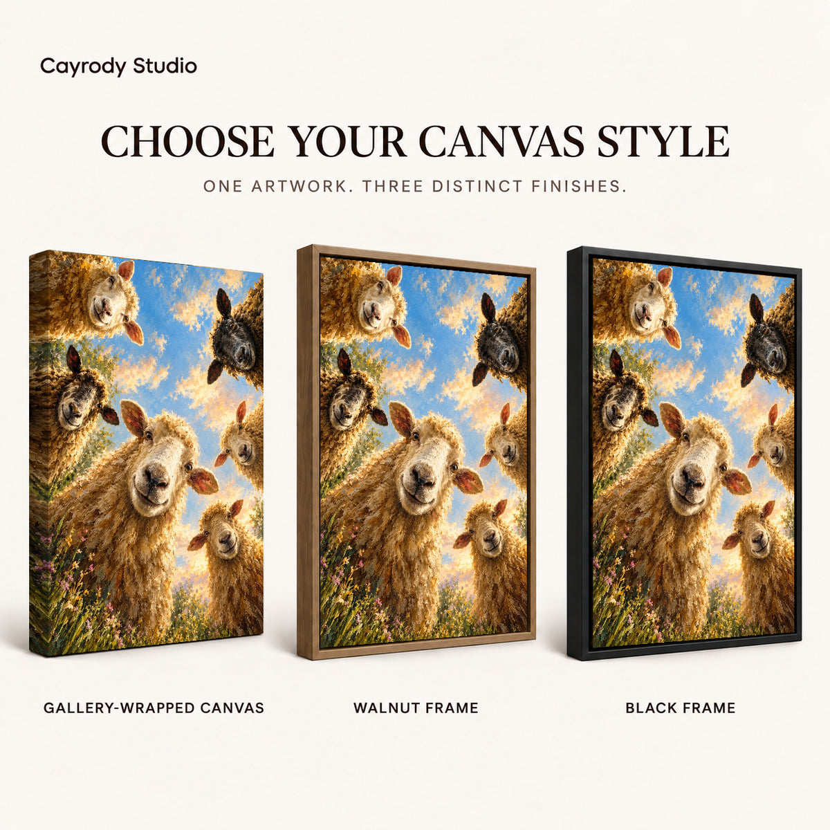 Sheep Selfie Friends artwork finish chart showing gallery wrapped canvas, walnut frame, and black frame options.