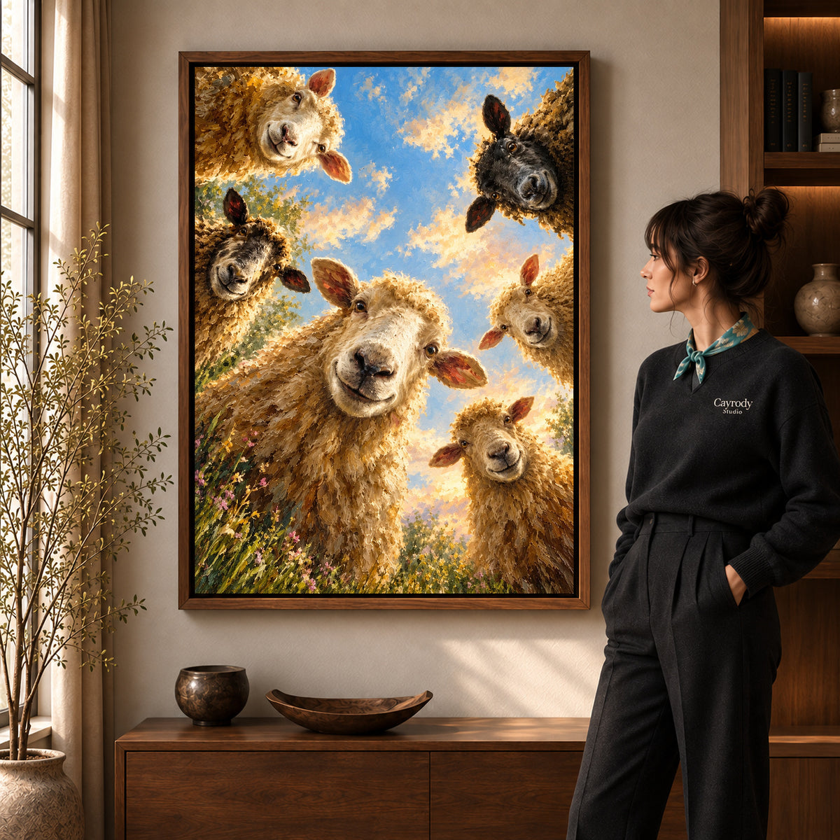 Walnut framed sheep selfie friends artwork scene assigned to all six walnut framed canvas sizes.
