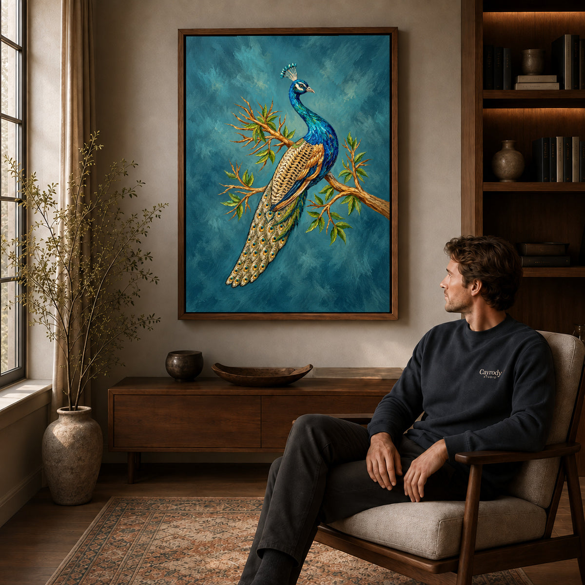 Walnut framed perched peacock artwork above a seated man in a wood furnished living room.