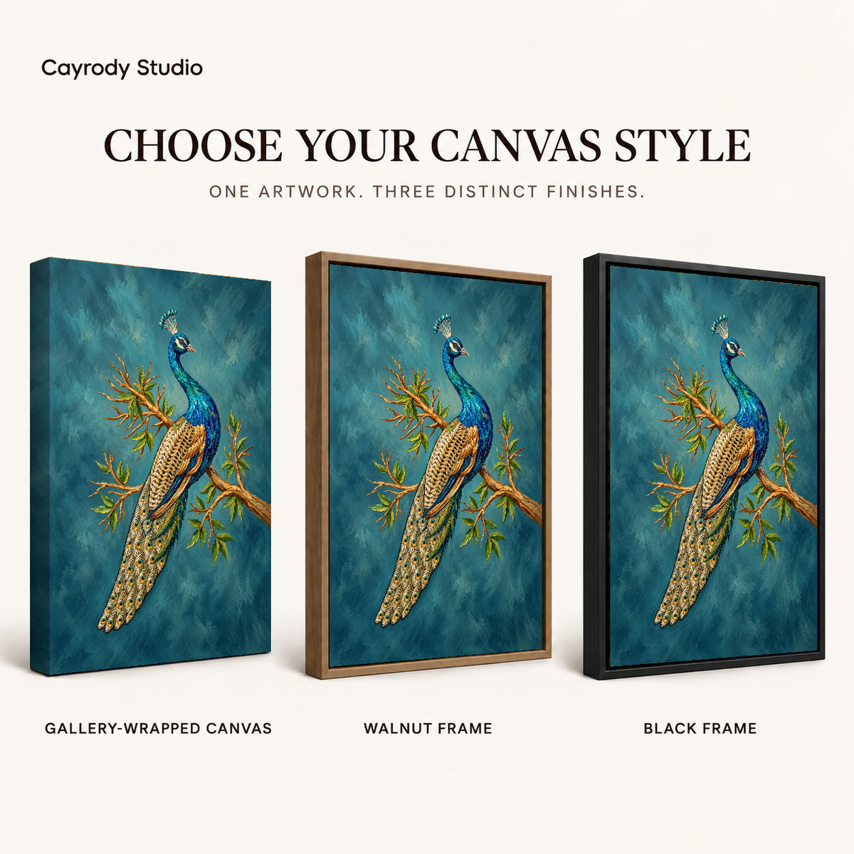 Perched Peacock artwork finish chart showing gallery wrapped canvas, walnut frame, and black frame options.