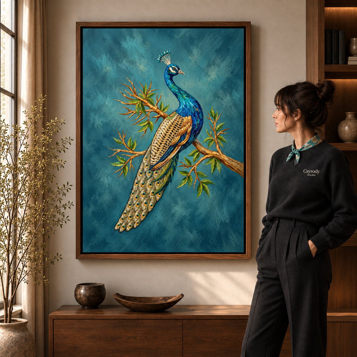 Walnut framed perched peacock artwork scene assigned to all six walnut framed canvas sizes.