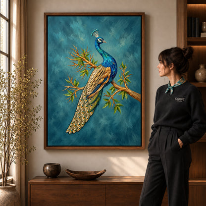 Walnut framed perched peacock artwork scene assigned to all six walnut framed canvas sizes.