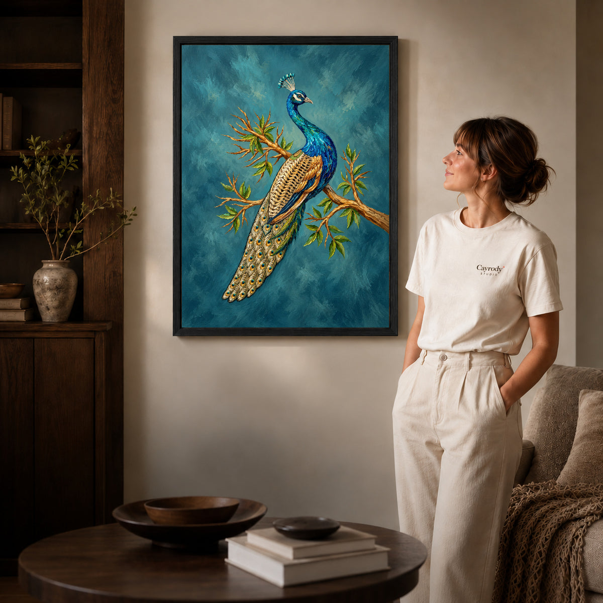 Black framed perched peacock artwork scene assigned to all six black framed canvas sizes.