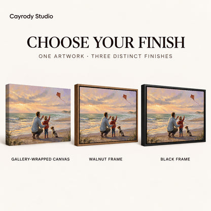 Family Beach Kite artwork finish chart showing gallery wrapped canvas, walnut frame, and black frame options.