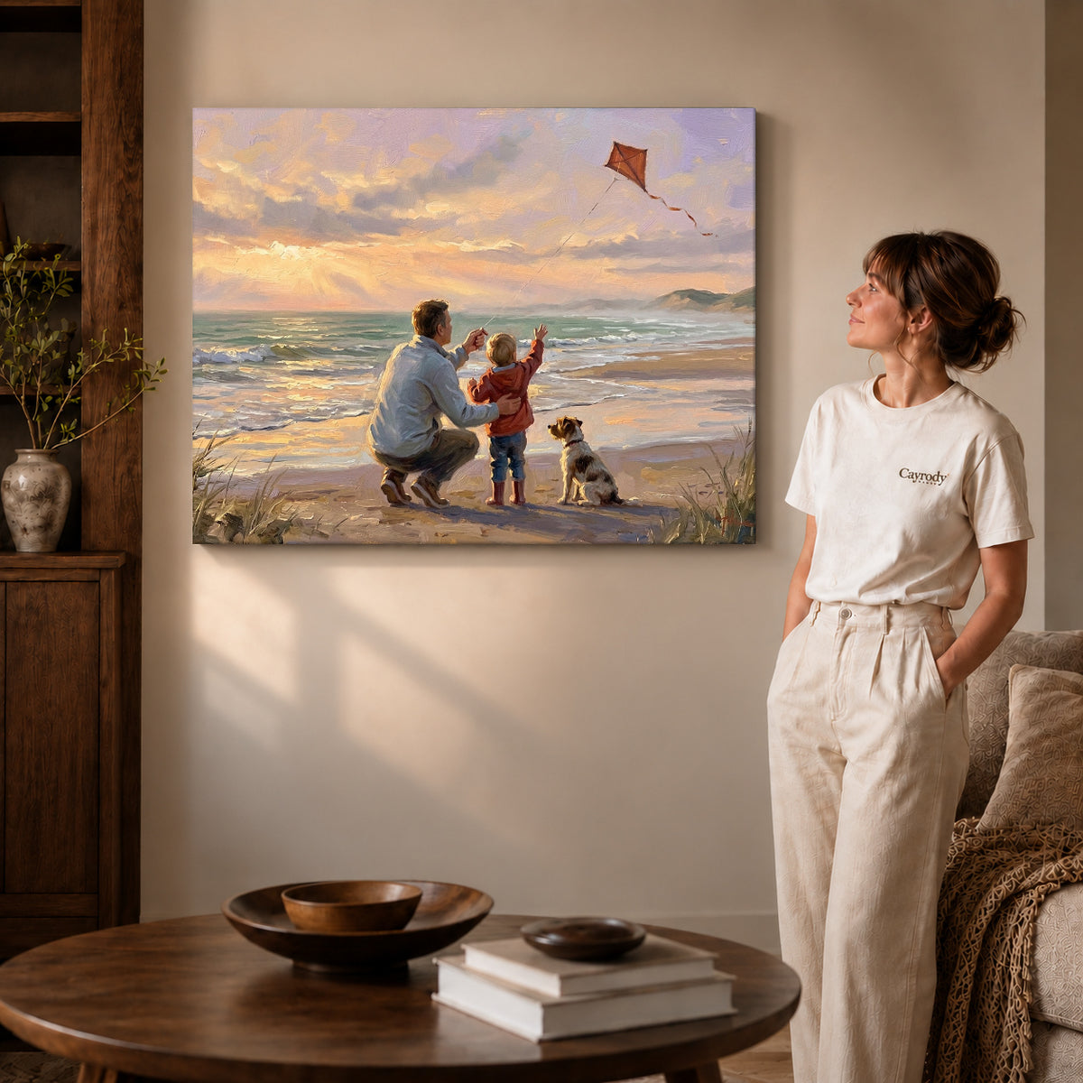 Gallery wrapped family beach kite artwork scene assigned to all six unframed wrapped canvas sizes.