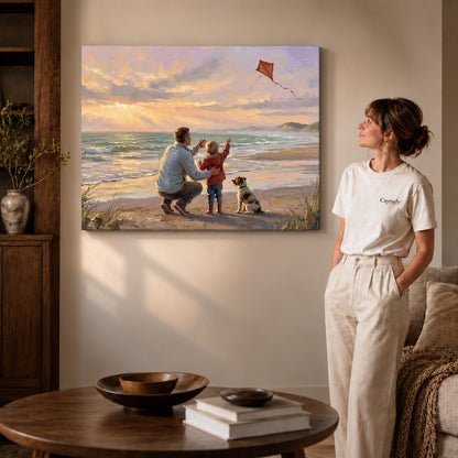Gallery wrapped family beach kite artwork scene assigned to all six unframed wrapped canvas sizes.