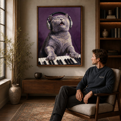 Walnut framed singing keyboard cat artwork above a seated man in a wood furnished living room.