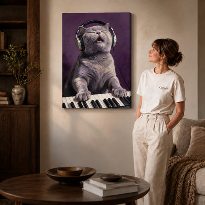 Gallery wrapped singing keyboard cat artwork with shaded canvas edges beside a woman wearing cream clothing.