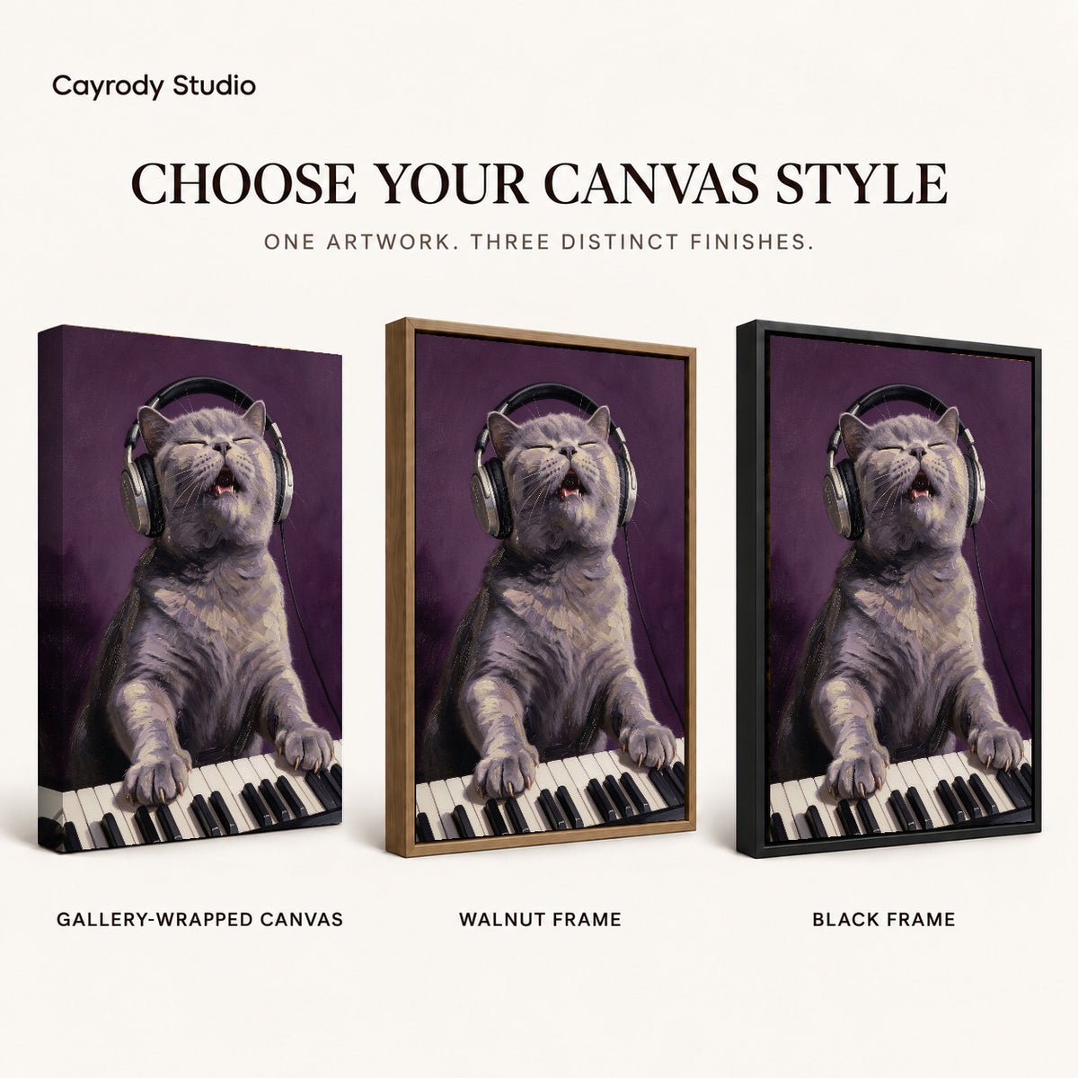 Singing Keyboard Cat artwork finish chart showing gallery wrapped canvas, walnut frame, and black frame options.