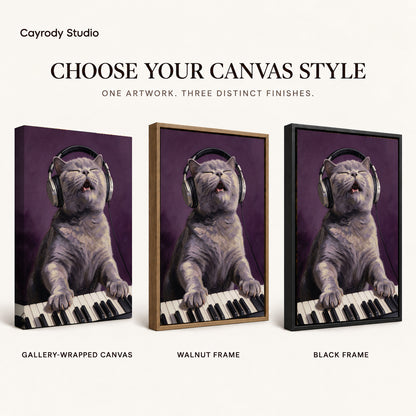 Singing Keyboard Cat artwork finish chart showing gallery wrapped canvas, walnut frame, and black frame options.