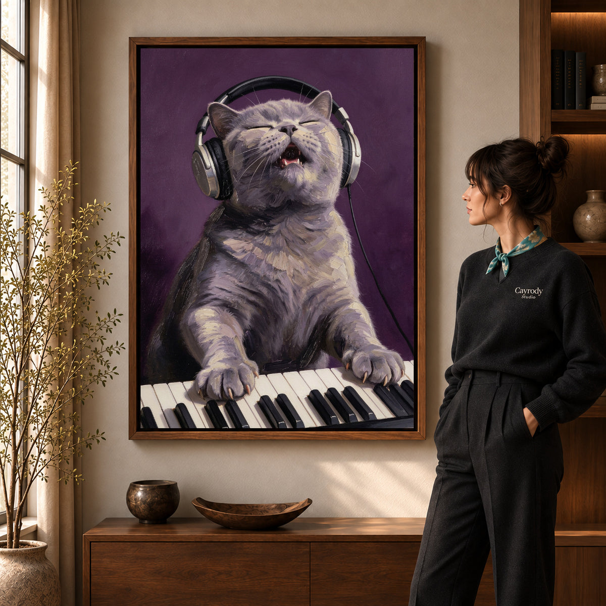 Walnut framed singing keyboard cat artwork scene assigned to all six walnut framed canvas sizes.
