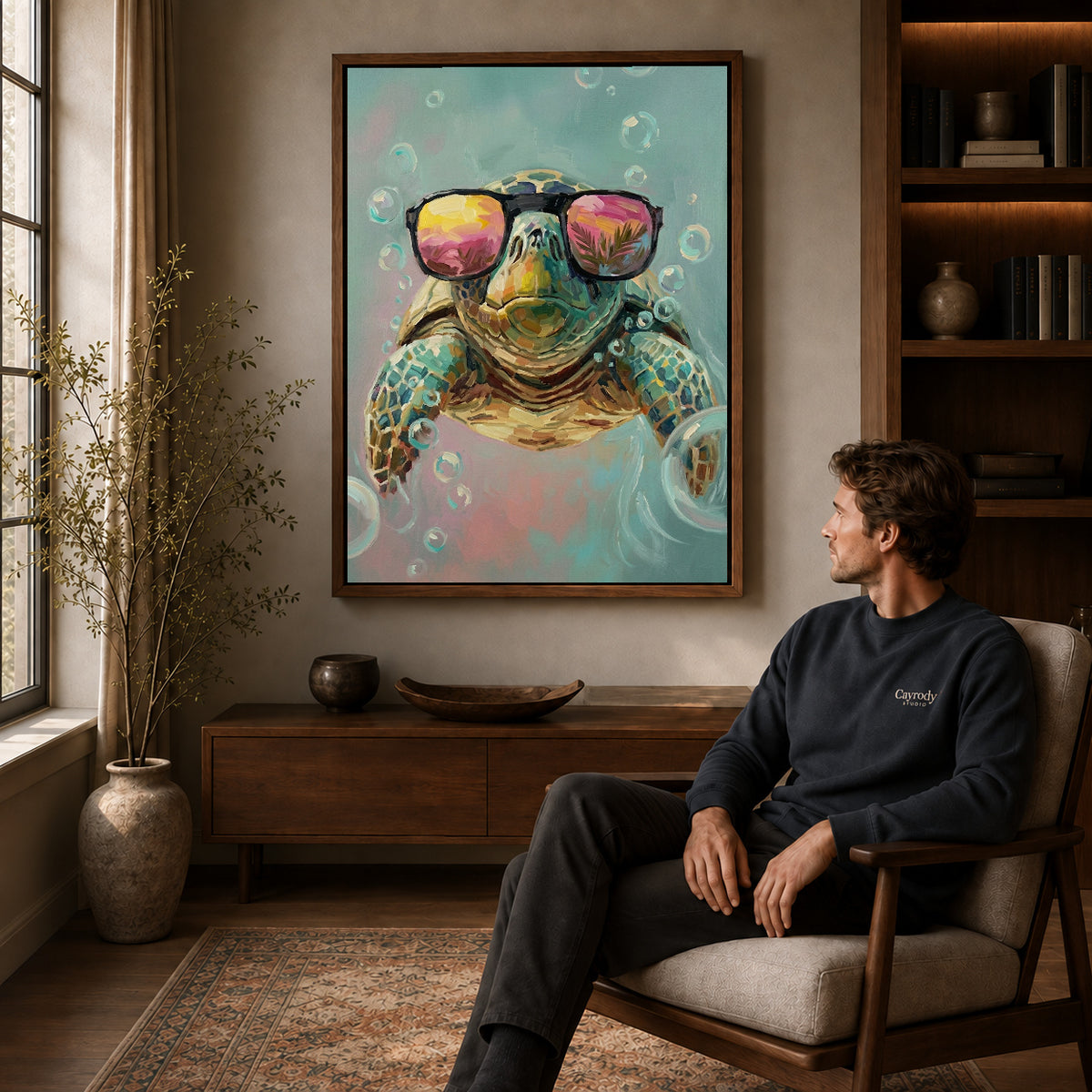 Walnut framed sunglasses sea turtle artwork above a seated man in a wood furnished living room.