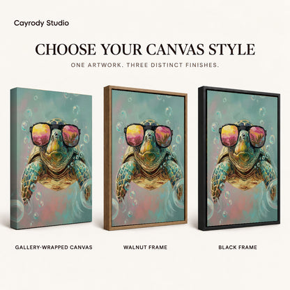Sunglasses Sea Turtle artwork finish chart showing gallery wrapped canvas, walnut frame, and black frame options.