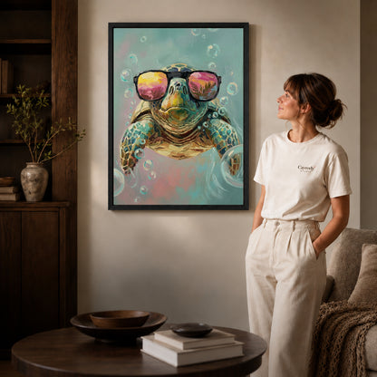 Black framed sunglasses sea turtle artwork scene assigned to all six black framed canvas sizes.