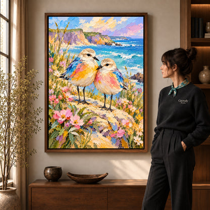 Coastal Bird Pair artwork in a walnut frame beside a standing woman in a warm room.
