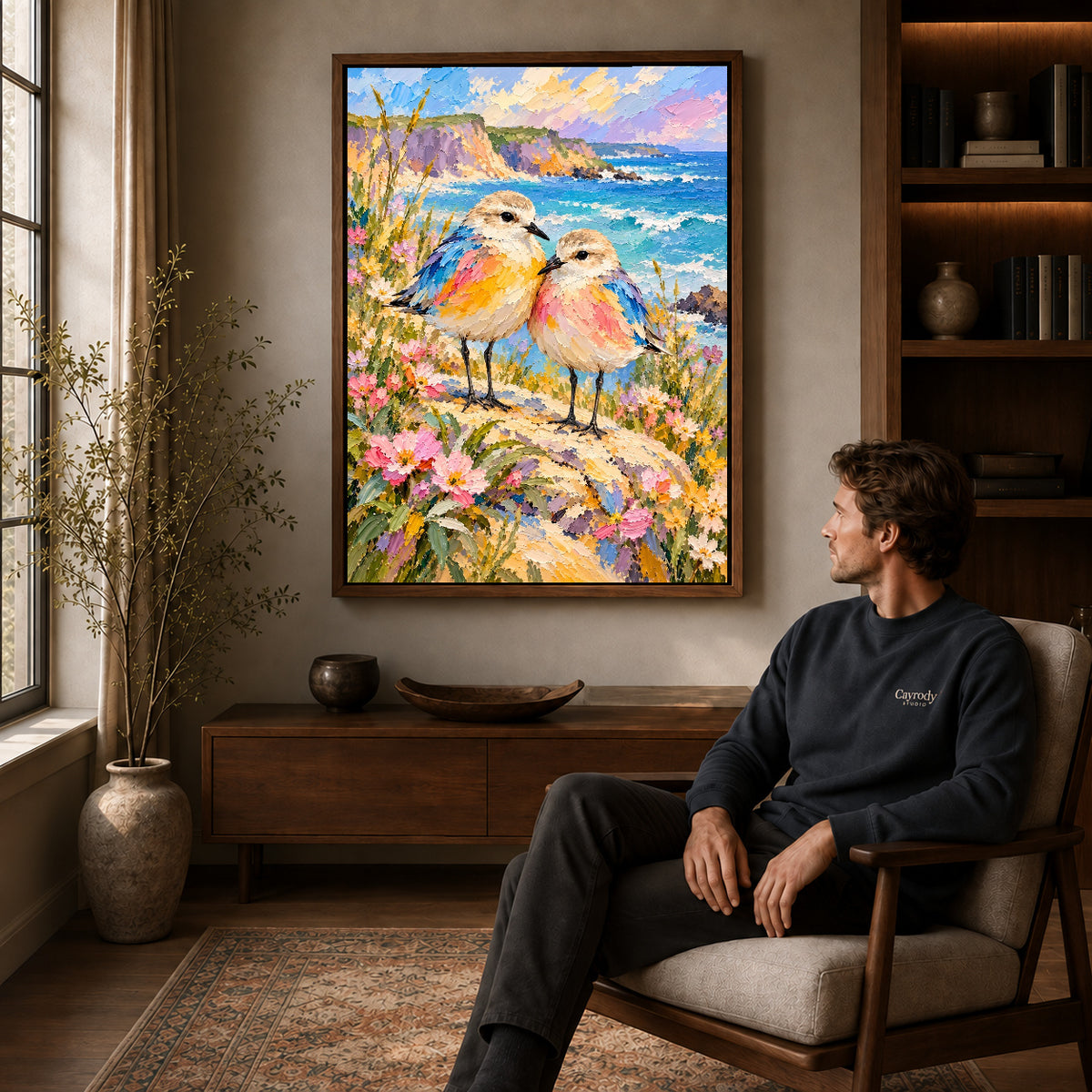 Walnut framed coastal bird pair artwork above a seated man in a wood furnished living room.