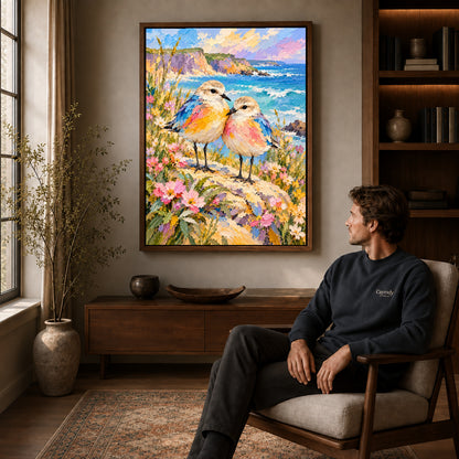 Walnut framed coastal bird pair artwork above a seated man in a wood furnished living room.