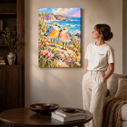 Gallery wrapped coastal bird pair artwork with shaded canvas edges beside a woman wearing cream clothing.