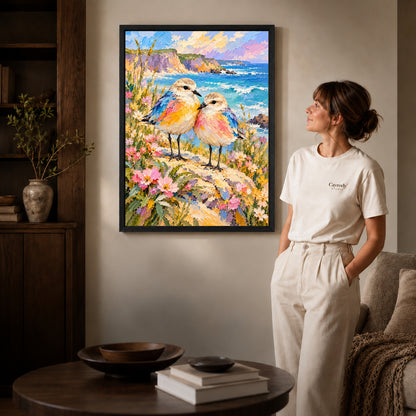 Black framed coastal bird pair artwork beside a woman in a warm neutral living room.