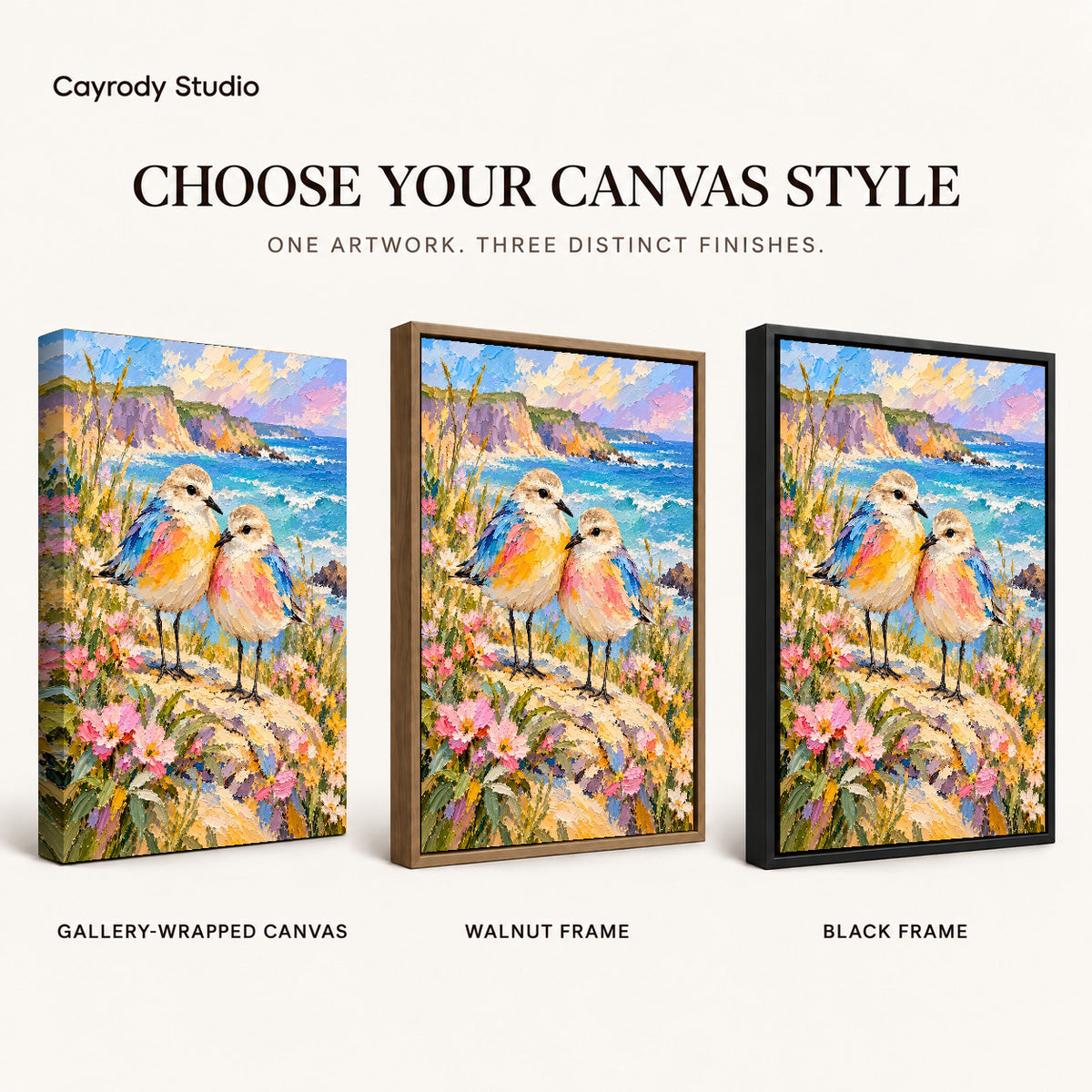 Coastal Bird Pair artwork finish chart showing gallery wrapped canvas, walnut frame, and black frame options.