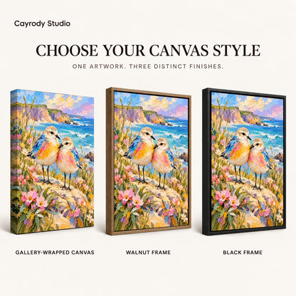 Coastal Bird Pair artwork finish chart showing gallery wrapped canvas, walnut frame, and black frame options.