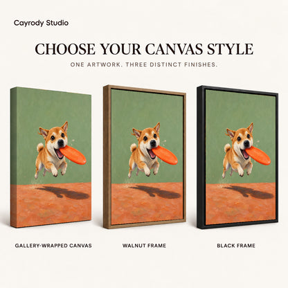 Flying Disc Puppy artwork finish chart showing gallery wrapped canvas, walnut frame, and black frame options.