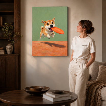 Gallery wrapped flying disc puppy artwork scene assigned to all six unframed wrapped canvas sizes.