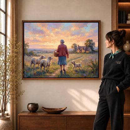 Sunset Shepherd Home artwork in a walnut frame beside a standing woman in a warm room.