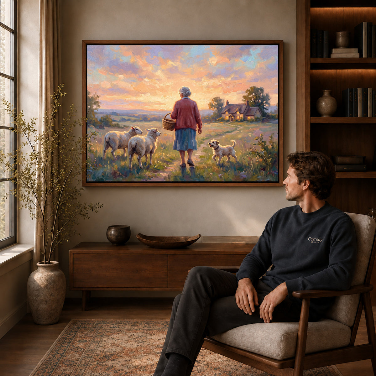 Walnut framed sunset shepherd home artwork above a seated man in a wood furnished living room.