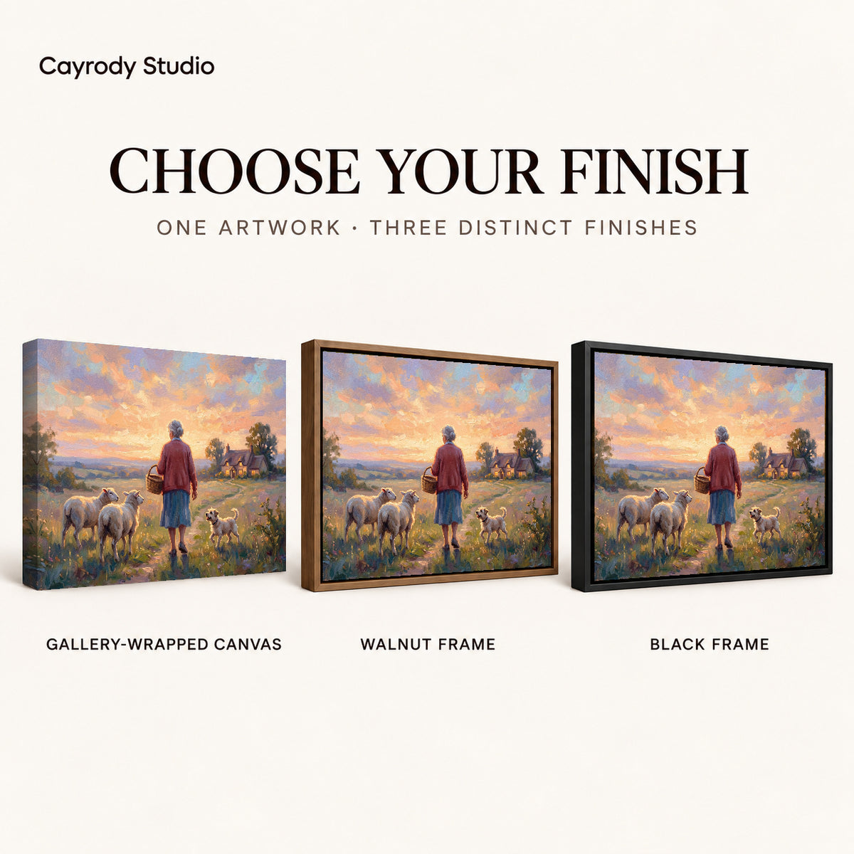 Sunset Shepherd Home artwork finish chart showing gallery wrapped canvas, walnut frame, and black frame options.