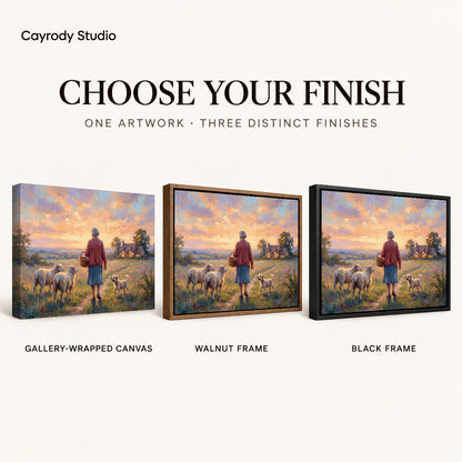 Sunset Shepherd Home artwork finish chart showing gallery wrapped canvas, walnut frame, and black frame options.