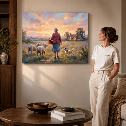 Gallery wrapped sunset shepherd home artwork scene assigned to all six unframed wrapped canvas sizes.
