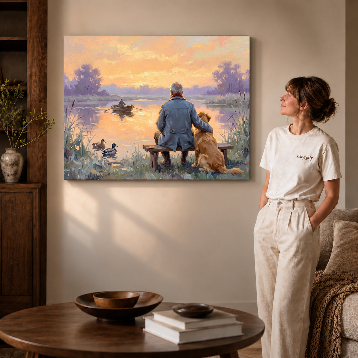 Gallery wrapped lakeside old friends artwork with shaded canvas edges beside a woman wearing cream clothing.