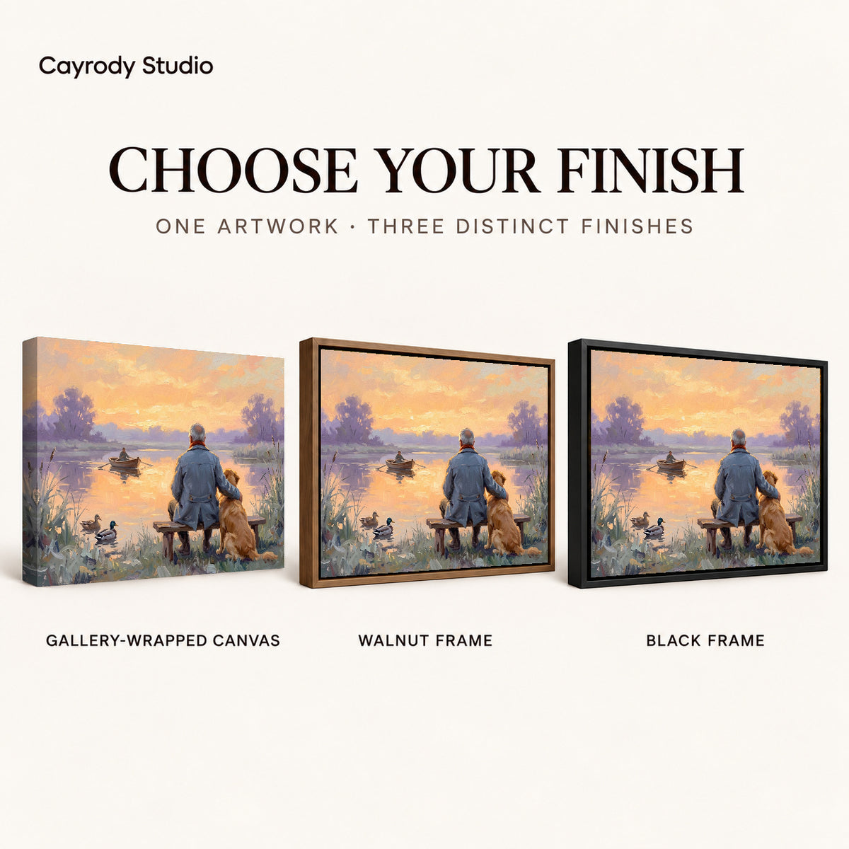 Lakeside Old Friends artwork finish chart showing gallery wrapped canvas, walnut frame, and black frame options.