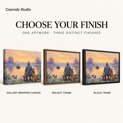 Lakeside Old Friends artwork finish chart showing gallery wrapped canvas, walnut frame, and black frame options.