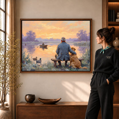 Walnut framed lakeside old friends artwork scene assigned to all six walnut framed canvas sizes.