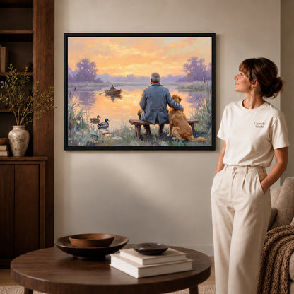 Black framed lakeside old friends artwork scene assigned to all six black framed canvas sizes.
