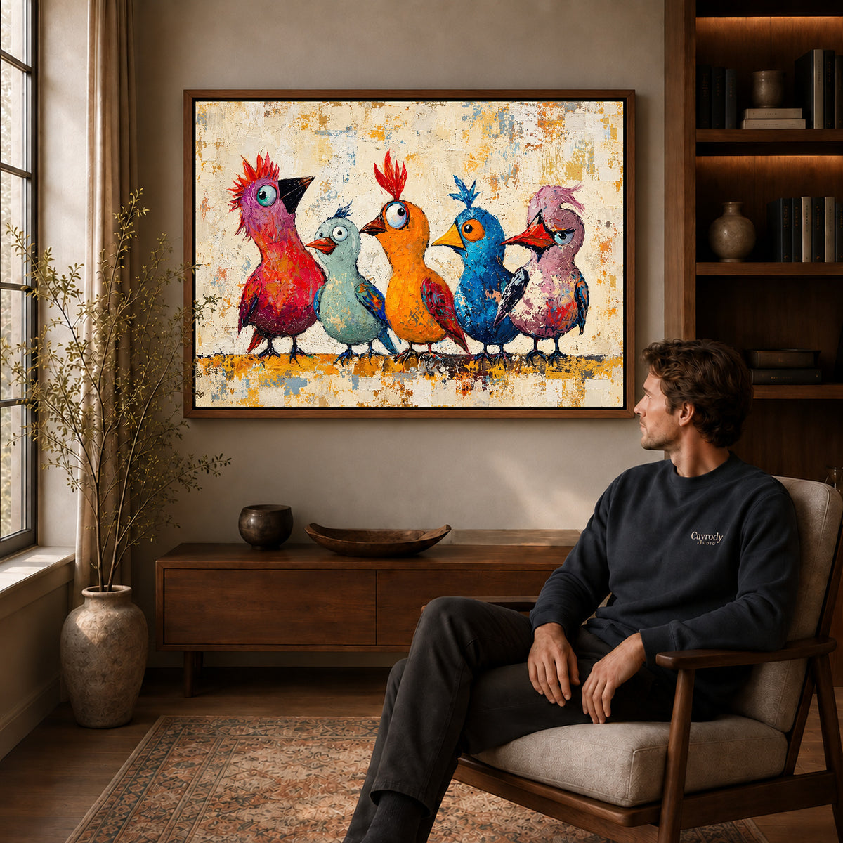 Walnut framed quirky bird quintet artwork above a seated man in a wood furnished living room.