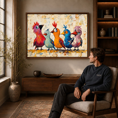 Walnut framed quirky bird quintet artwork above a seated man in a wood furnished living room.