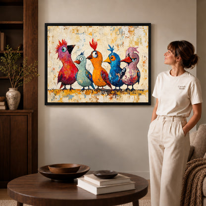 Black framed quirky bird quintet artwork beside a woman in a warm neutral living room.