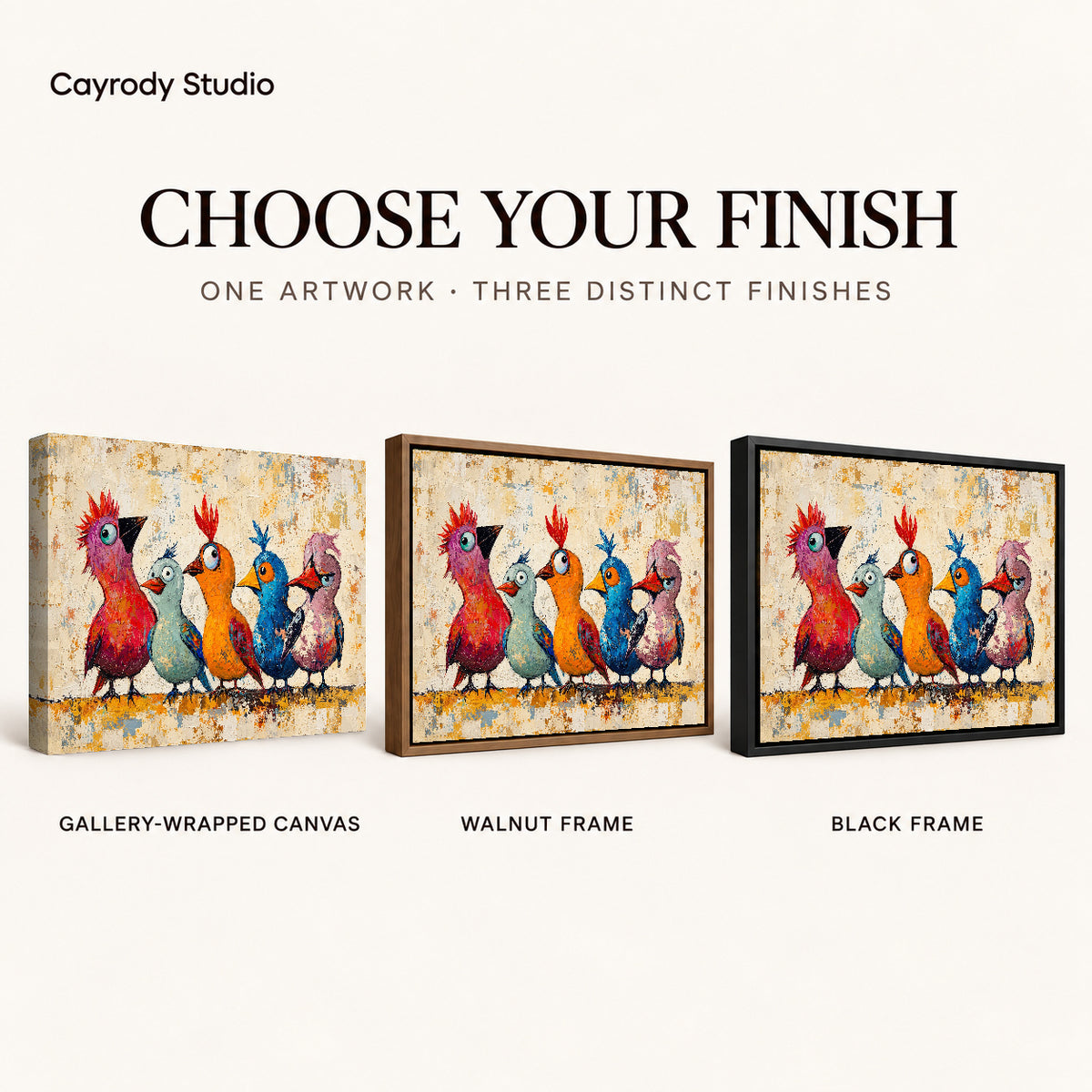 Quirky Bird Quintet artwork finish chart showing gallery wrapped canvas, walnut frame, and black frame options.